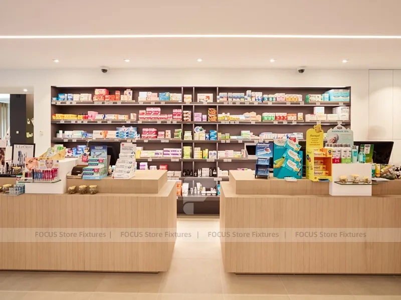 Wood Slat Pharmacy Wall Shelving and Long Counter
