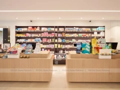 Wood Slat Pharmacy Wall Shelving and Long Counter