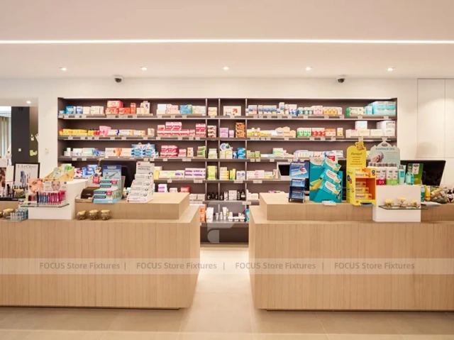 Wood Slat Pharmacy Wall Shelving and Long Counter