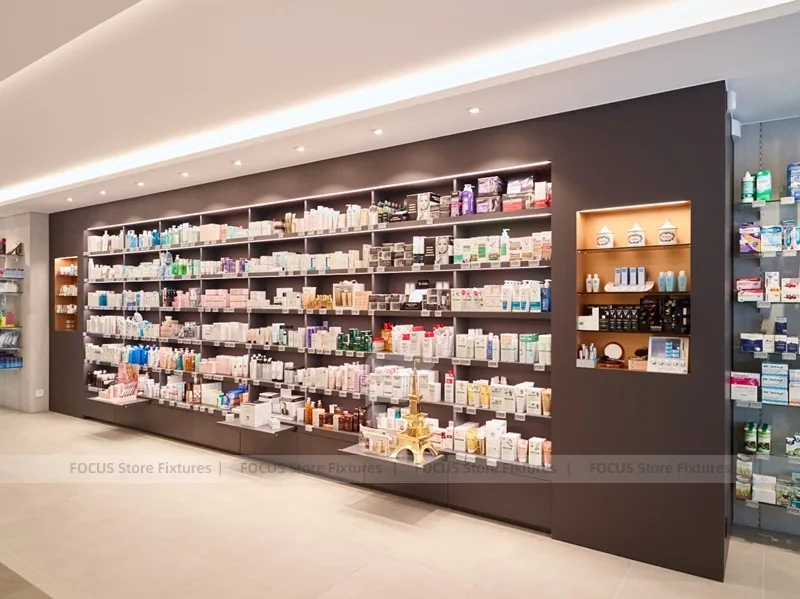 Wood Slat Pharmacy Wall Shelving and Long Counter