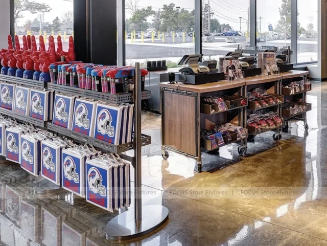 Wood Team Merchandise Checkout Counter with Flag Display