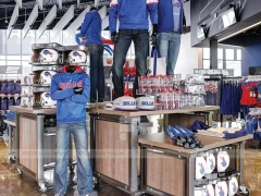 Wood Team Merchandise Checkout Counter with Flag Display