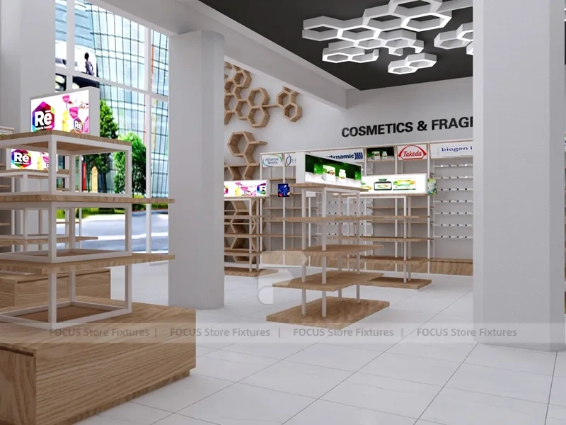 Wood White Cosmetic Pharmacy Gondola and Category Shelves