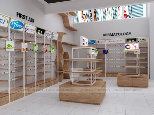 Wood White Cosmetic Pharmacy Gondola and Category Shelves