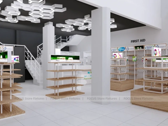 Wood White Cosmetic Pharmacy Gondola and Category Shelves