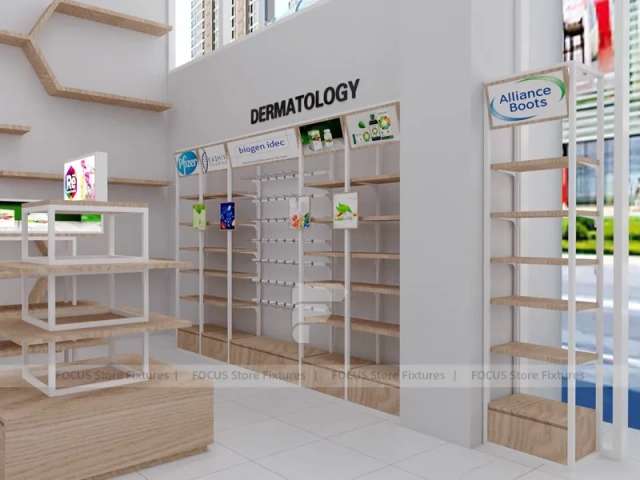 Wood White Cosmetic Pharmacy Gondola and Category Shelves