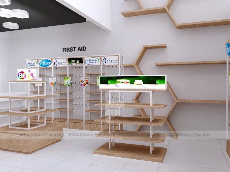 Wood White Cosmetic Pharmacy Gondola and Category Shelves