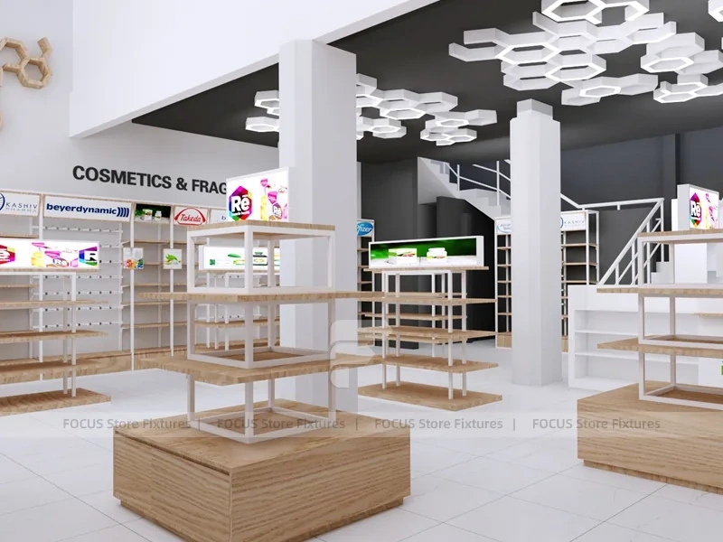 Wood White Cosmetic Pharmacy Gondola and Category Shelves