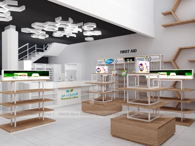 Wood White Cosmetic Pharmacy Gondola and Category Shelves