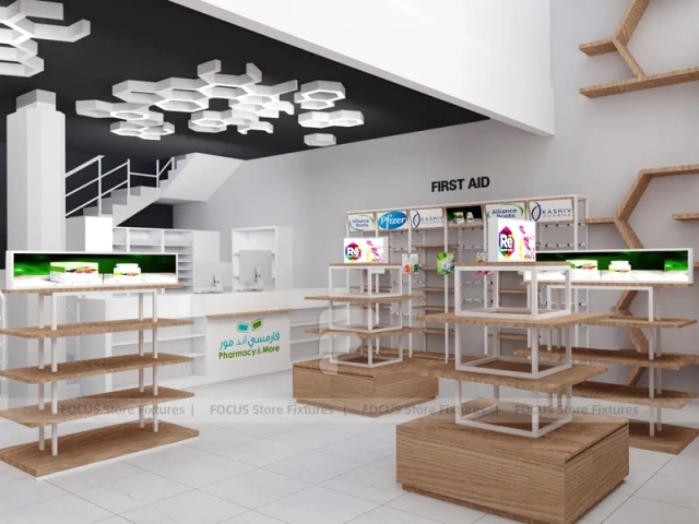 Wood White Cosmetic Pharmacy Gondola and Category Shelves