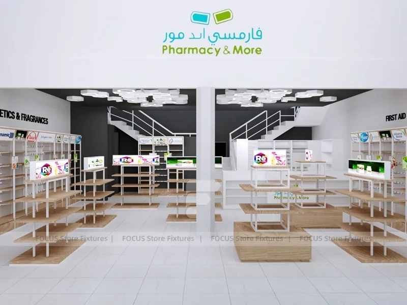 Wood White Cosmetic Pharmacy Gondola and Category Shelves