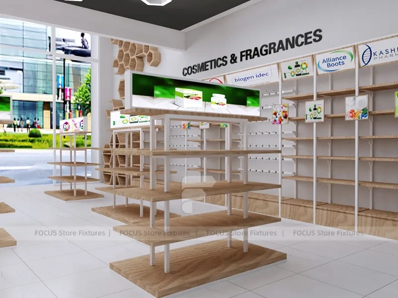 Wood White Cosmetic Pharmacy Gondola and Category Shelves