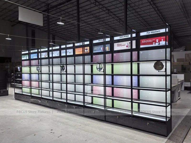 Backlit Modular Cosmetics Wall Display Panels