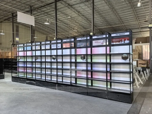 Backlit Modular Cosmetics Wall Shelving Run
