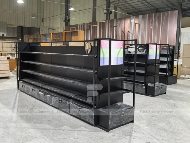 Backlit Modular Cosmetics Wall Shelving Run
