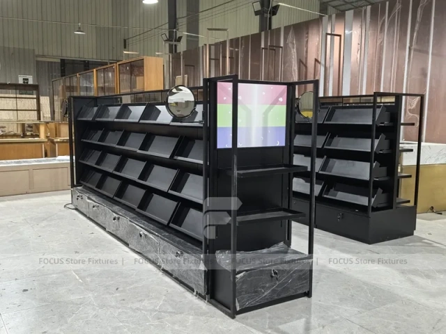 Backlit Modular Cosmetics Wall Shelving Run