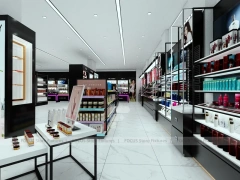 Black Cosmetics Aisle with Wall Shelving and Table
