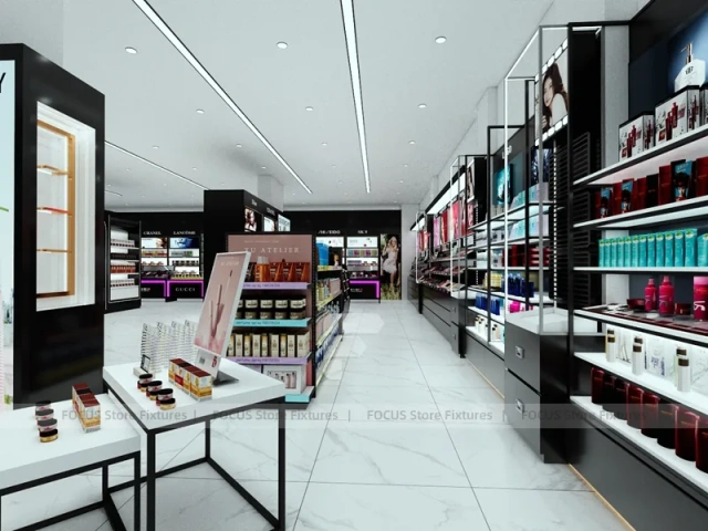 Black Cosmetics Aisle with Wall Shelving and Table