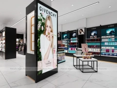 Black Cosmetics Aisle with Wall Shelving and Table