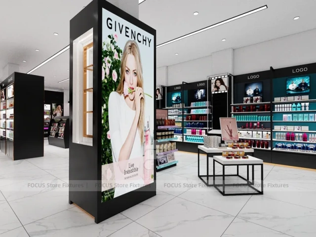 Black Cosmetics Aisle with Wall Shelving and Table