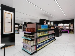 Black Cosmetics Aisle with Wall Shelving and Table