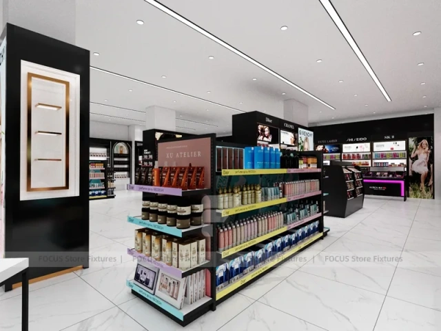Black Cosmetics Aisle with Wall Shelving and Table
