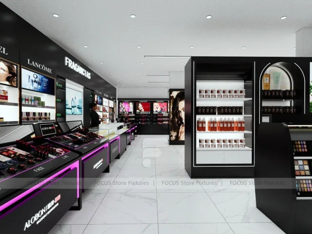 Black Cosmetics Aisle with Wall Shelving and Table