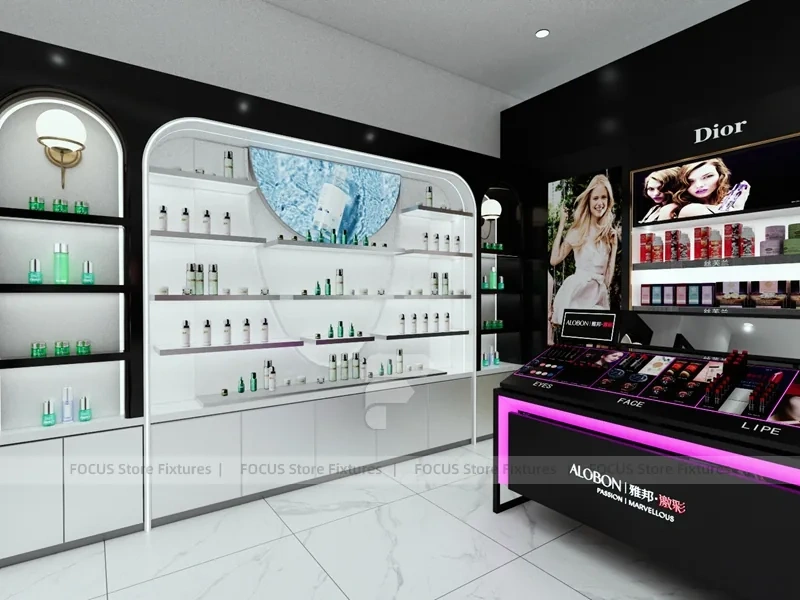 Black Cosmetics Aisle with Wall Shelving and Table