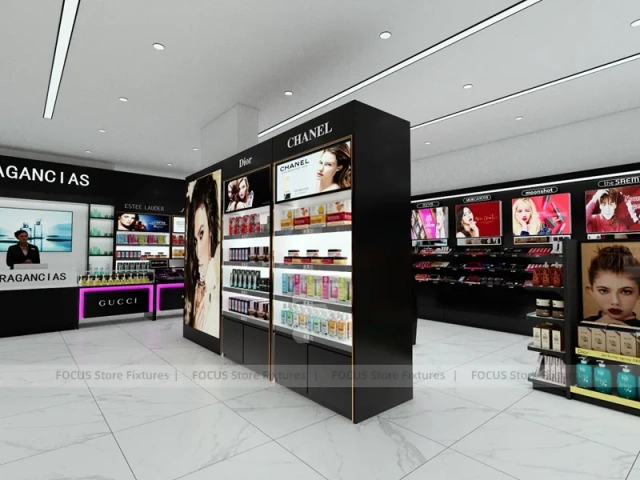 Black Cosmetics Aisle with Wall Shelving and Table