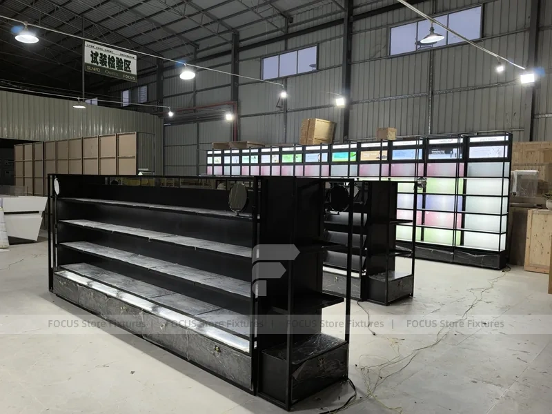 Black Cosmetics Gondola Shelf with Lightbox Wall