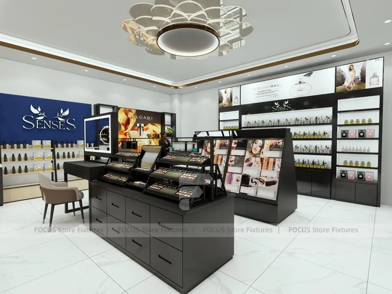 Black Cosmetics Store with Angled Makeup Gondola