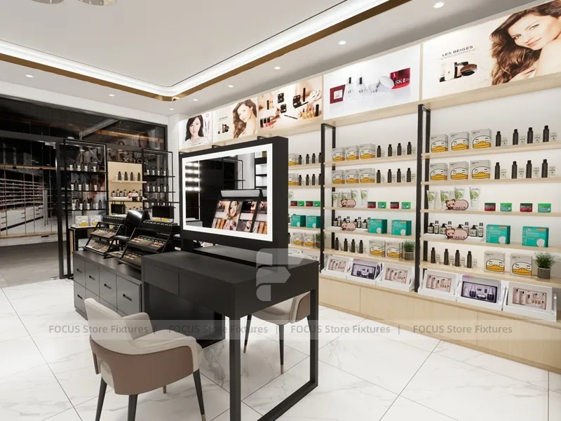 Black Cosmetics Store with Angled Makeup Gondola