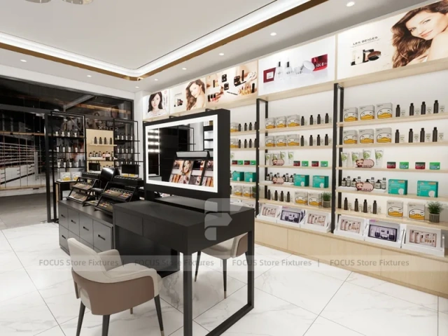 Black Cosmetics Store with Angled Makeup Gondola