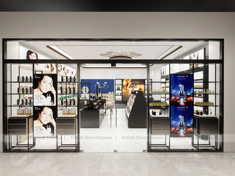 Black Cosmetics Store with Angled Makeup Gondola