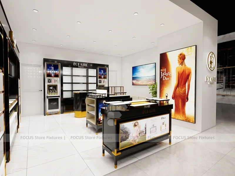 Black Gold Cosmetics Counter with Wall Shelving