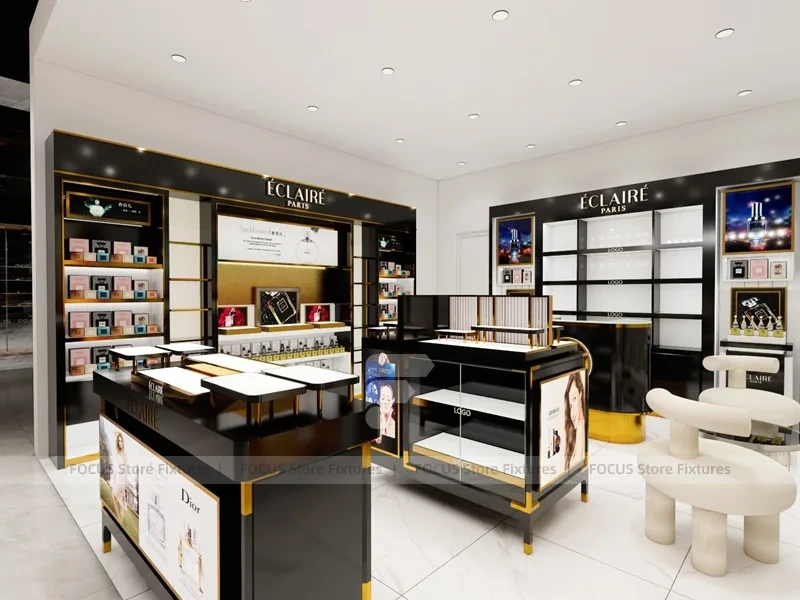 Black Gold Cosmetics Counter with Wall Shelving