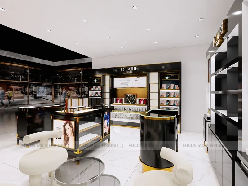 Black Gold Cosmetics Counter with Wall Shelving