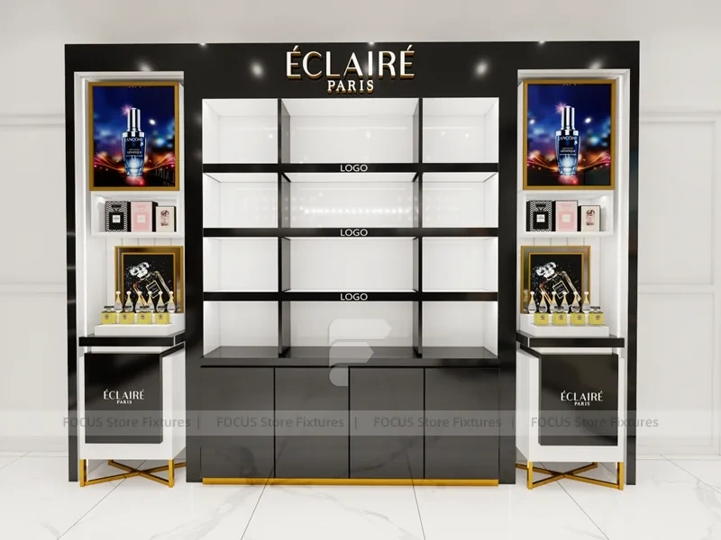 Black Gold Cosmetics Counter with Wall Shelving