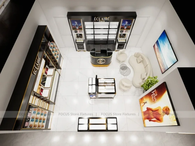 Black Gold Cosmetics Counter with Wall Shelving