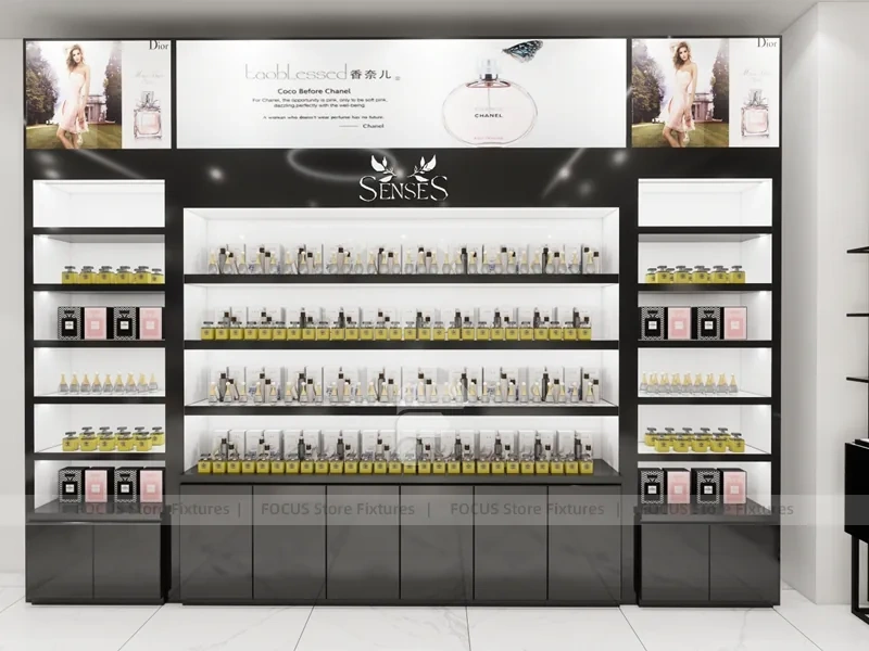 Black Gold Cosmetics Counter with Wall Shelving