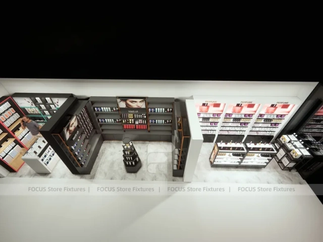 Black Red Cosmetics Store Wall and Gondola Shelves