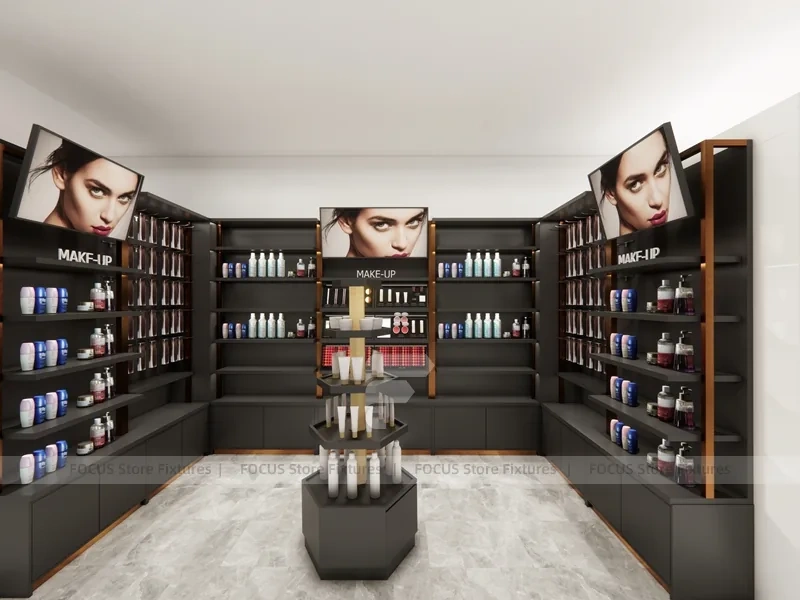 Black Red Cosmetics Store Wall and Gondola Shelves