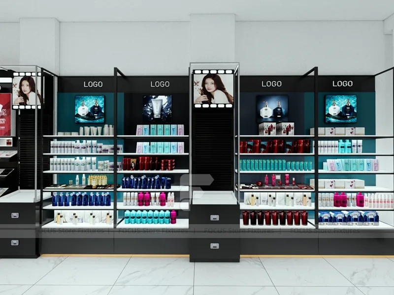 Black Skincare Display Wall with Logo Panels