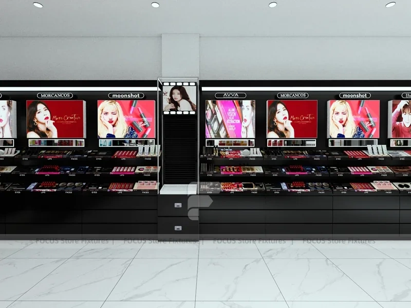 Black Skincare Display Wall with Logo Panels