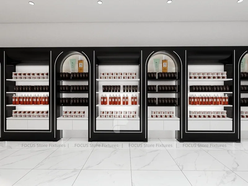 Black Skincare Display Wall with Logo Panels