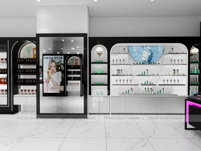 Black Skincare Display Wall with Logo Panels