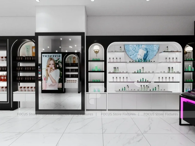 Black Skincare Display Wall with Logo Panels