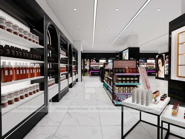 Black White Cosmetics Aisle with Glass Table