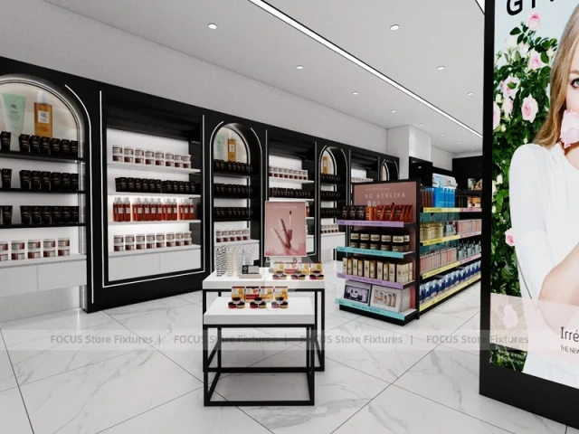Black White Cosmetics Aisle with Glass Table
