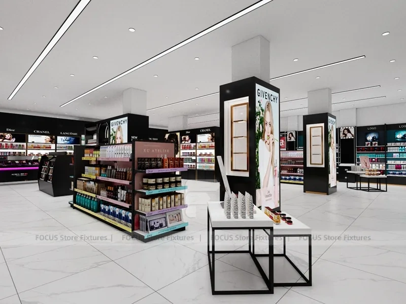 Black White Cosmetics Aisle with Glass Table